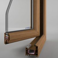 חתך פרופיל חלון UPVC בגוון דמוי עץ, זכוכית בידודית משולשת (שני מרווחי אוויר). חתך פרופיל חלון UPVC בגוון דמוי עץ, זכוכית בידודית משולשת (שני מרווחי אוויר).